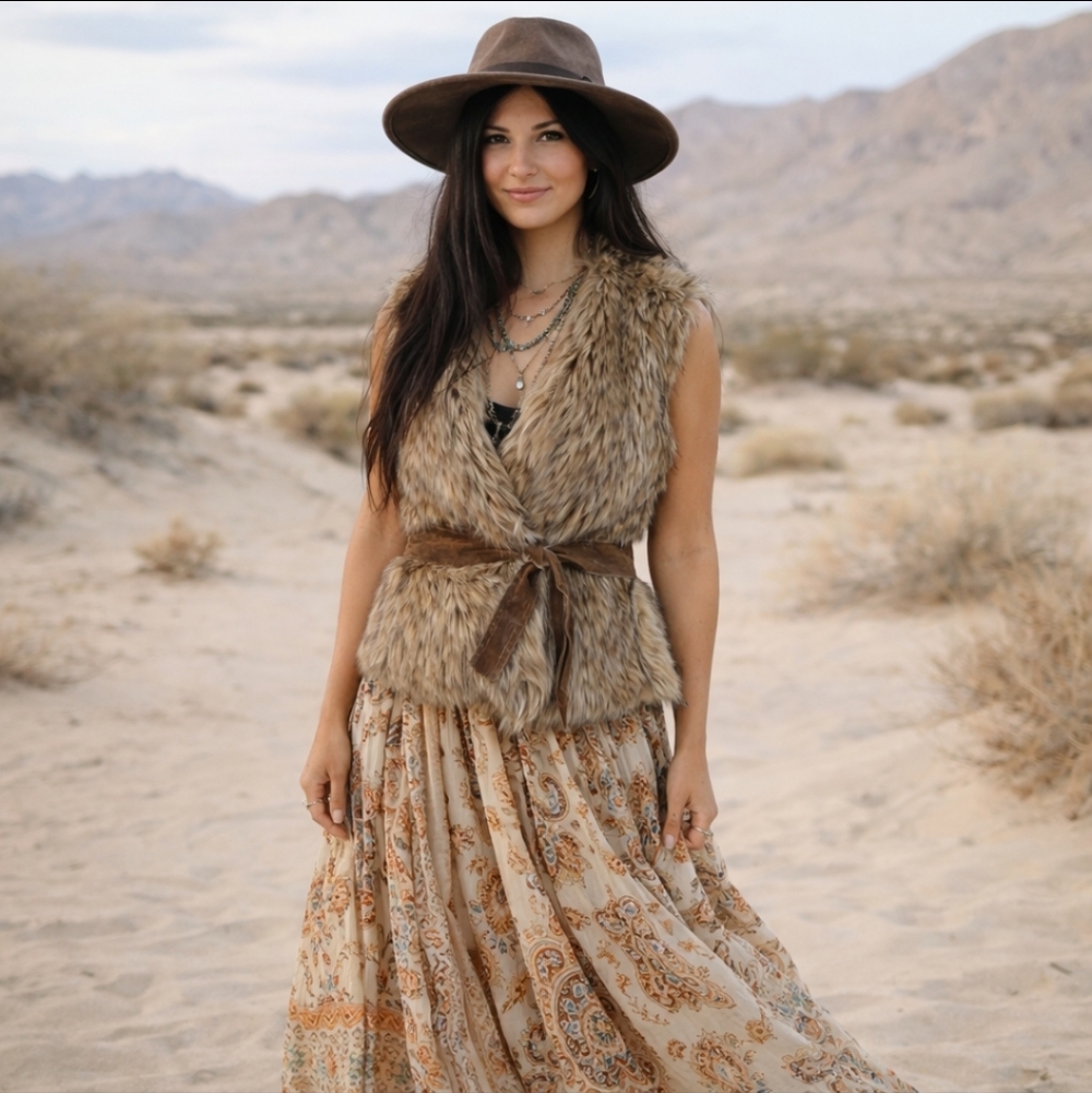 Shaggy Faux Fur Vest Velvet Tie Tan Neutral Boho Cozy Chic Soft Glam Sz M